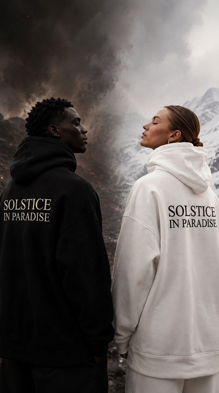 Figures in black and bone garments against a dark landscape at first light