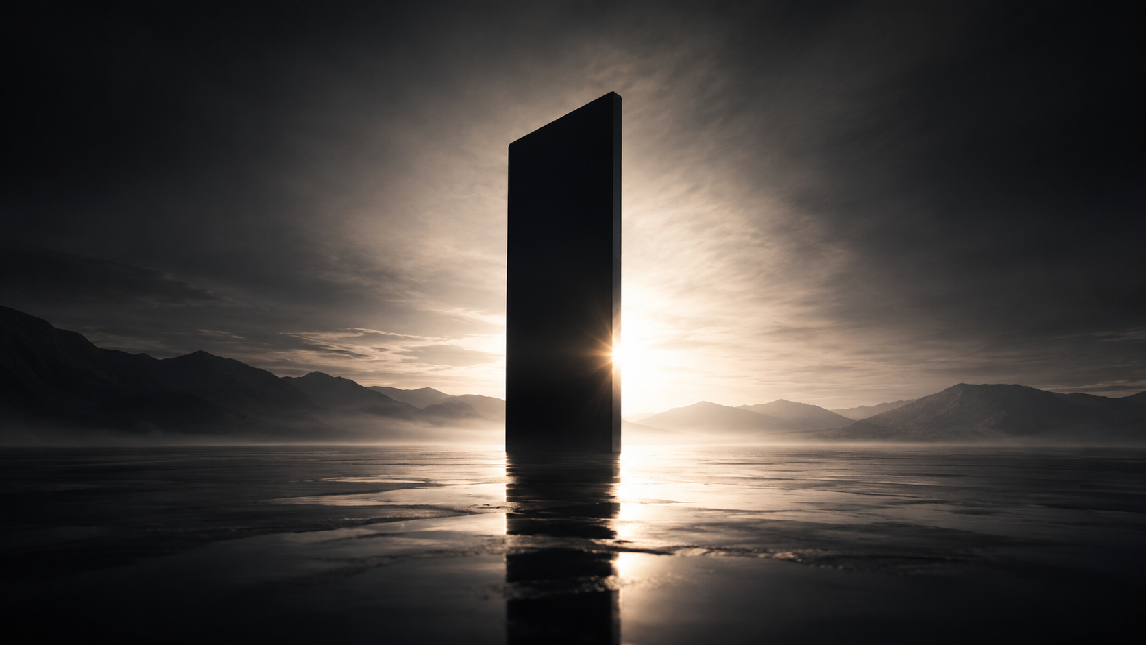 A monolithic form standing where daylight falls away into shadow